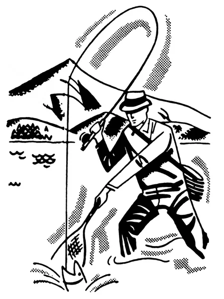 Черно-белая версия изображения в стиле мультфильма о рыбалке — стоковое фото