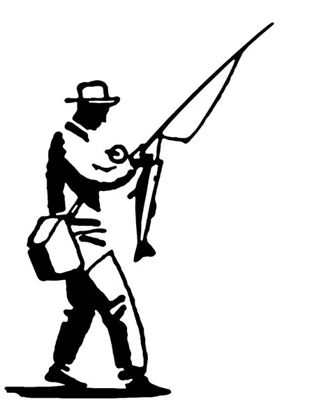 Una versión en blanco y negro de una ilustración de un hombre que ha estado en un viaje de pesca exitoso —  Fotos de Stock