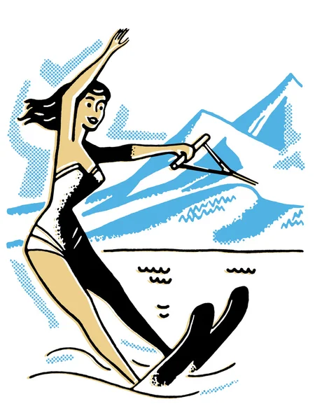 Uma versão em preto e branco de uma imagem vintage de uma mulher esquiando aquático — Fotografia de Stock
