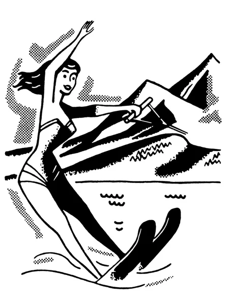 Una versione in bianco e nero di un'immagine vintage di una donna che scia d'acqua — Foto Stock