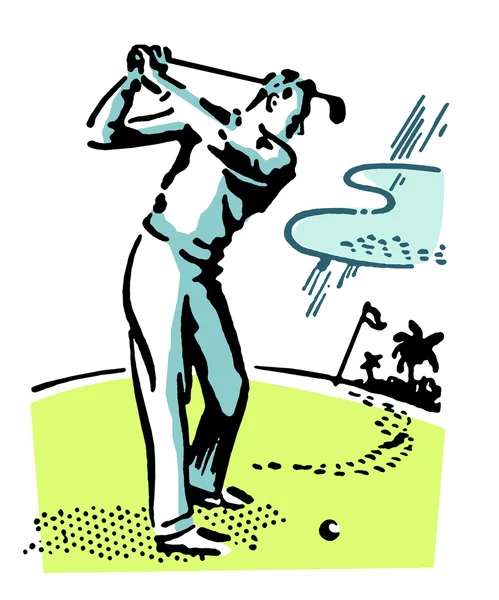 黑色和白色版本的打高尔夫球男子复古插画 — 图库照片
