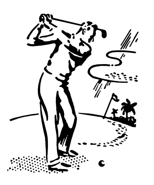Fekete-fehér változata egy vintage illusztrációja egy ember golfozik — Stock Fotó