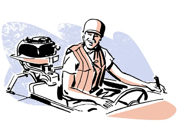 A black and white version of a vintage illustration of a man driving a boat — Stock Photo, Image