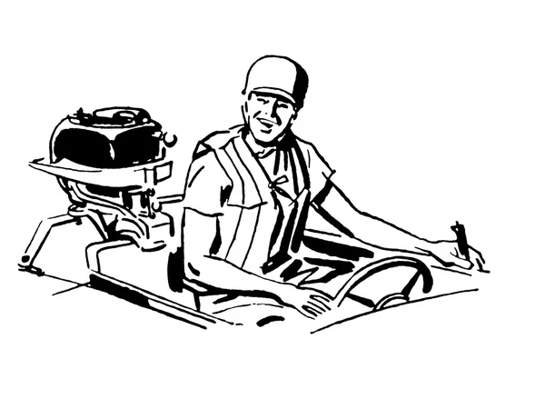 黑色和白色版本的一名男子驾驶一艘船复古插画 — 图库照片