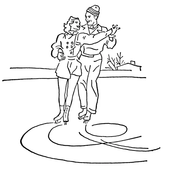 Eine schwarz-weiße Version einer Vintage-Illustration von zwei Eiskunstläufern — Stockfoto