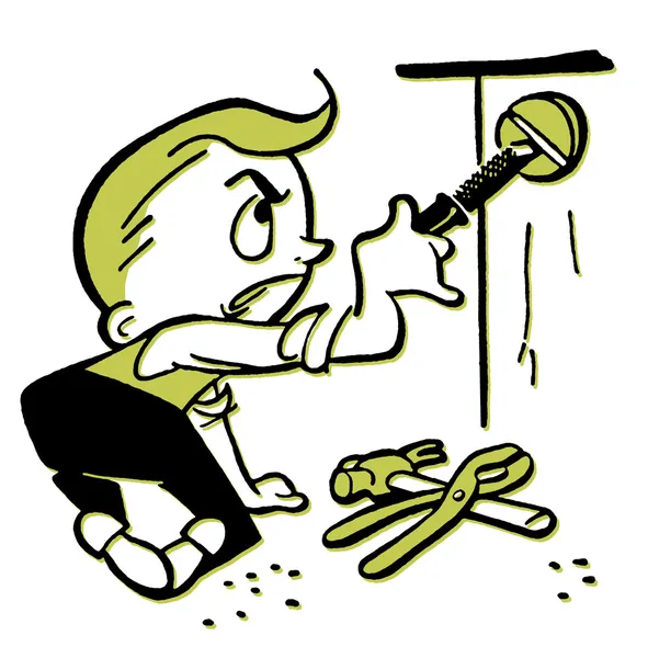 Uma versão em preto e branco de um desenho em estilo cartoon de um menino fazendo construção — Fotografia de Stock