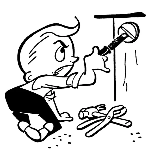Eine Schwarz-Weiß-Version einer Zeichnung im Cartoon-Stil eines kleinen Jungen beim Bauen — Stockfoto