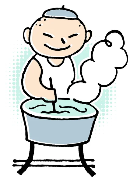 A cartoon style drawing of a man doing laundry by hand — Stock Photo, Image