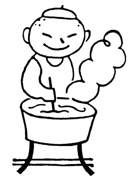 Una versione in bianco e nero di un disegno in stile fumetto di un uomo che fa il bucato a mano — Foto Stock