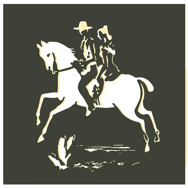 一个女人和牛仔在一匹马的一个老式打印 — 图库照片