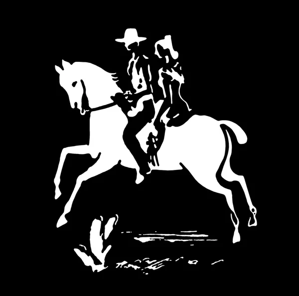 一个女人和牛仔在一匹马的一个老式打印 — 图库照片