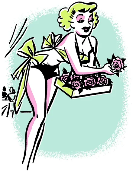 Una versión en blanco y negro de un dibujo de estilo vintage de una mujer que vende flores — Foto de Stock