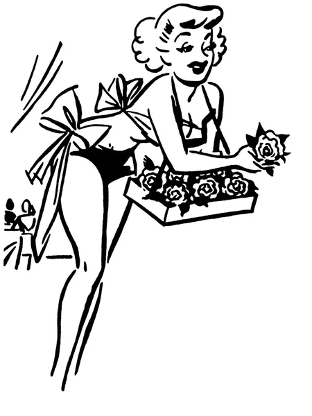 A black and white version of a vintage style drawing of a woman selling flowers — Stock Photo, Image