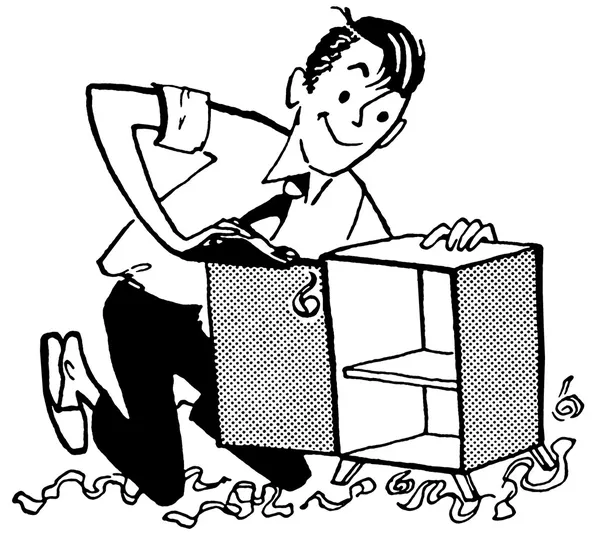 Eine schwarz-weiße Version einer Illustration eines Mannes, der einen kleinen Schrank repariert — Stockfoto