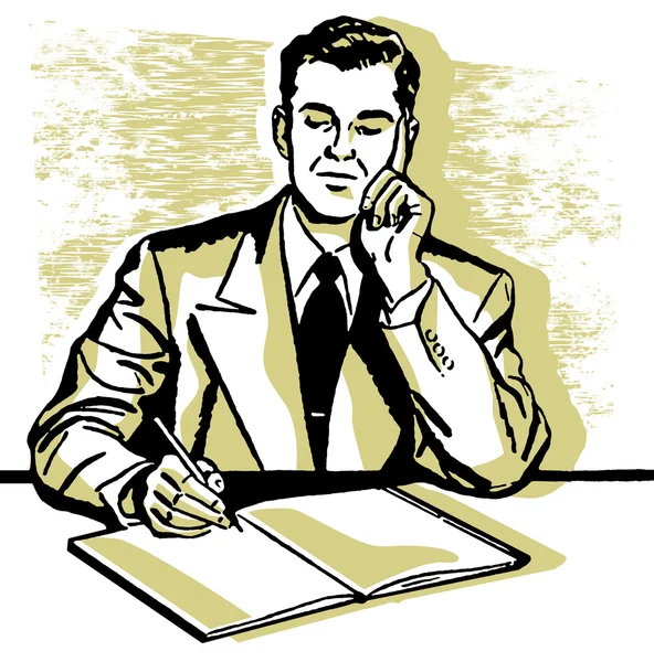 Eine grafische Illustration eines Geschäftsmannes, der hart an seinem Schreibtisch arbeitet — Stockfoto