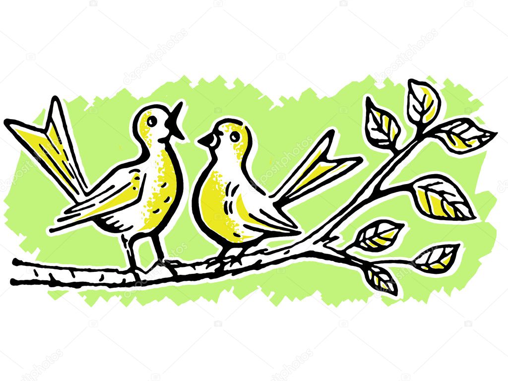 Two birds on a tree branch singing