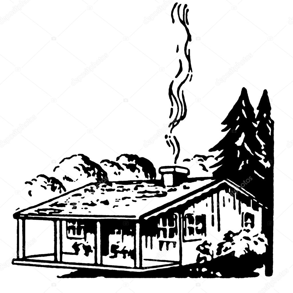 A black and white version of a small farm house with a smoking chimney