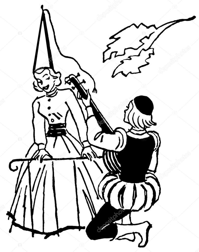 A black and white version of an illustration of a man serenading woman during the renascence era