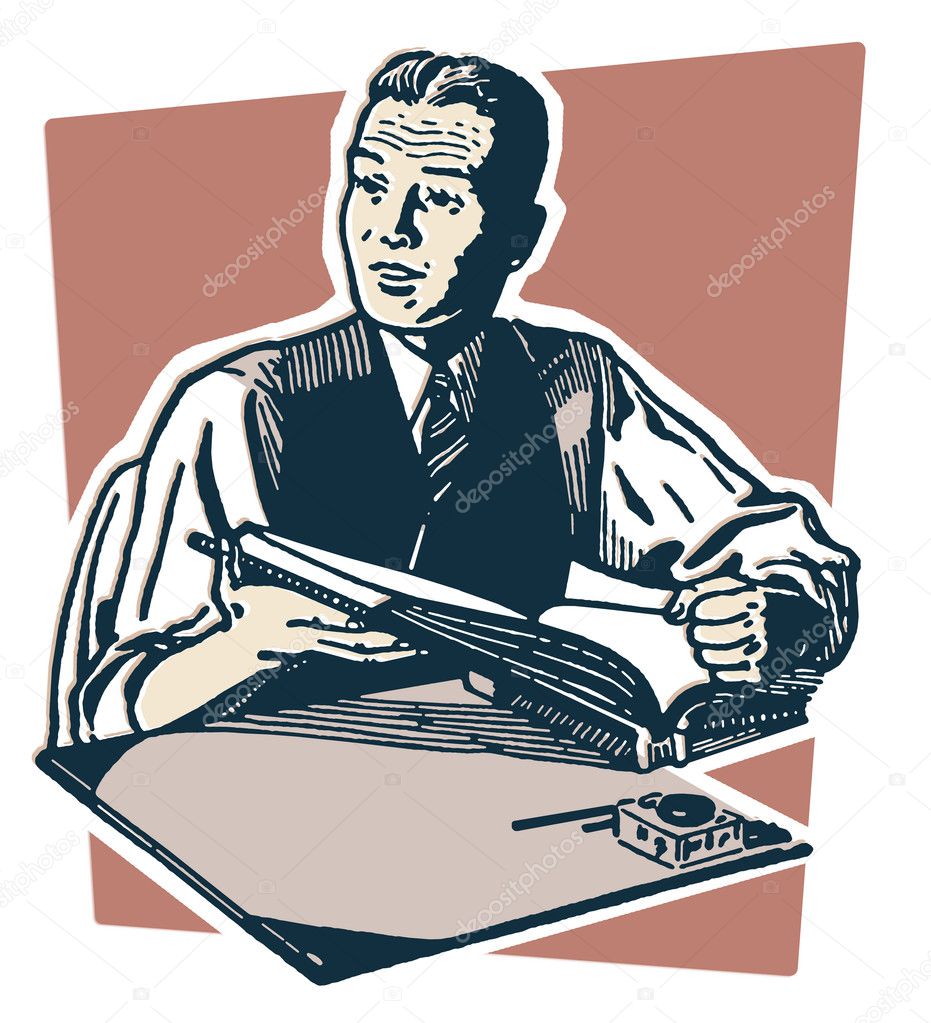 A drawing of a man reading at a writing desk