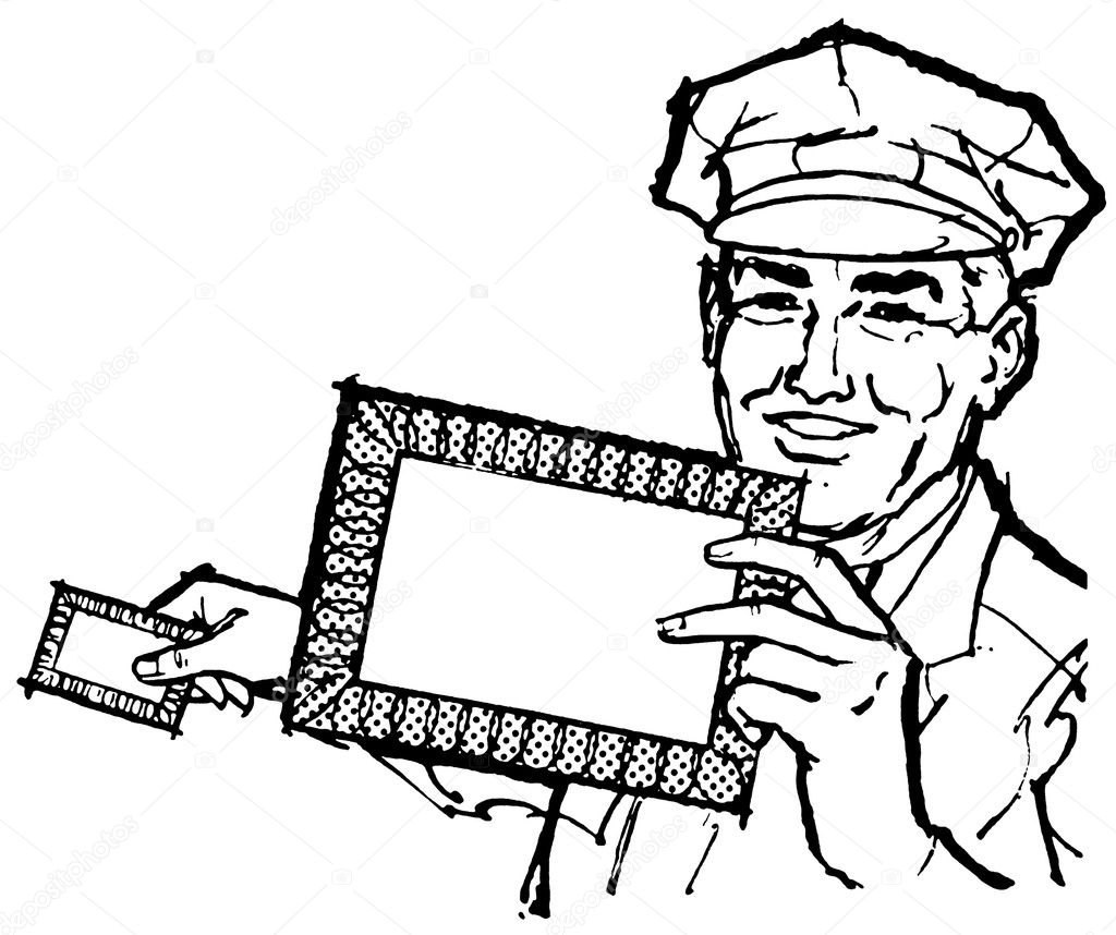 A black and white version of a delivery driver holding a blank letter