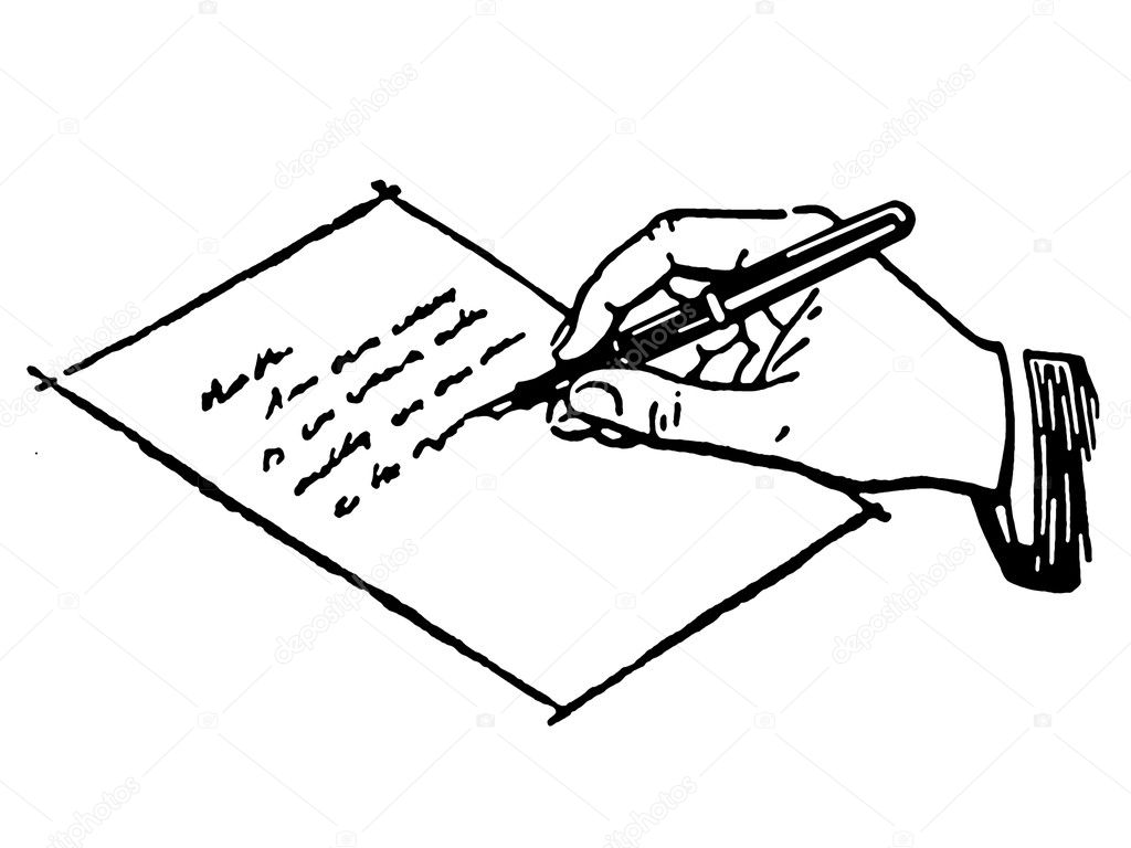A black and white version of a drawing of a hand writing a letter