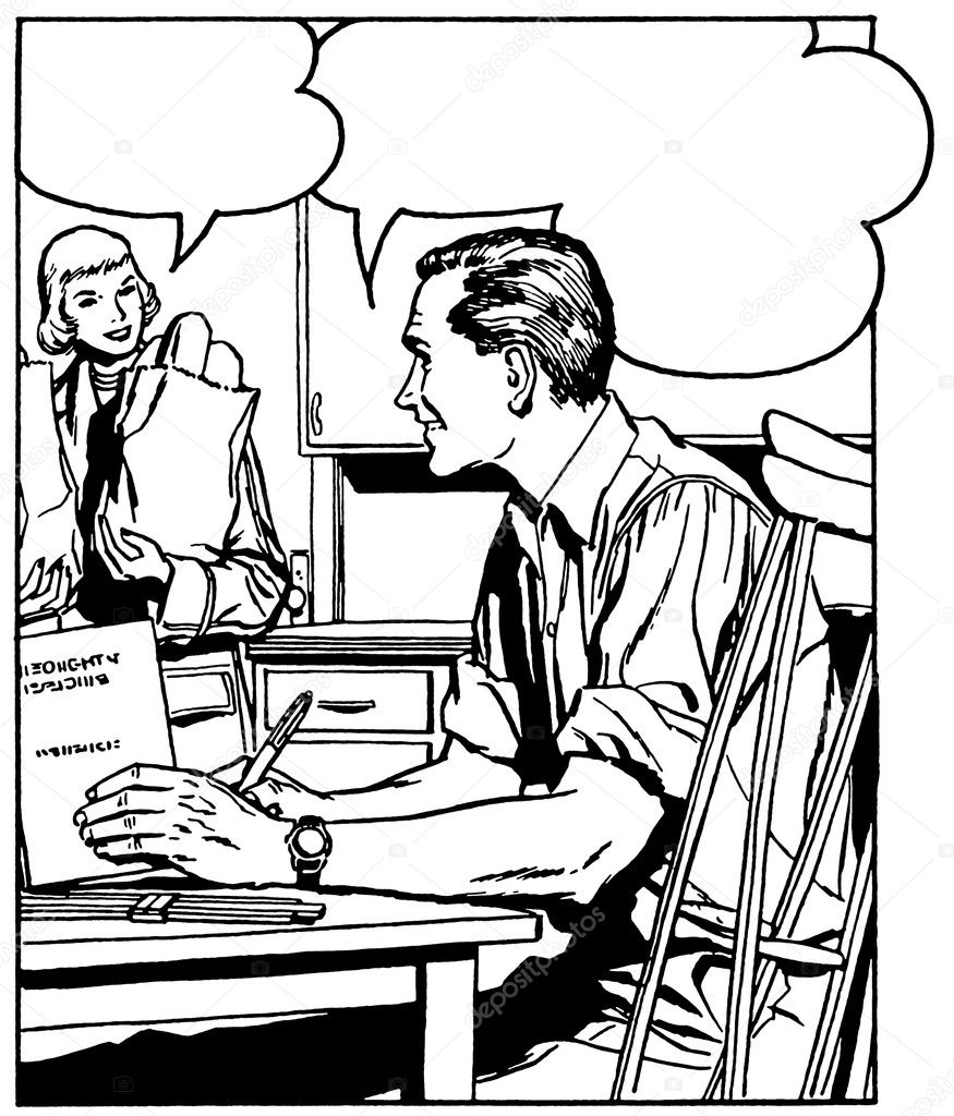 A black an white version of a comic style illustration of a man at a desk talking to a woman in the background