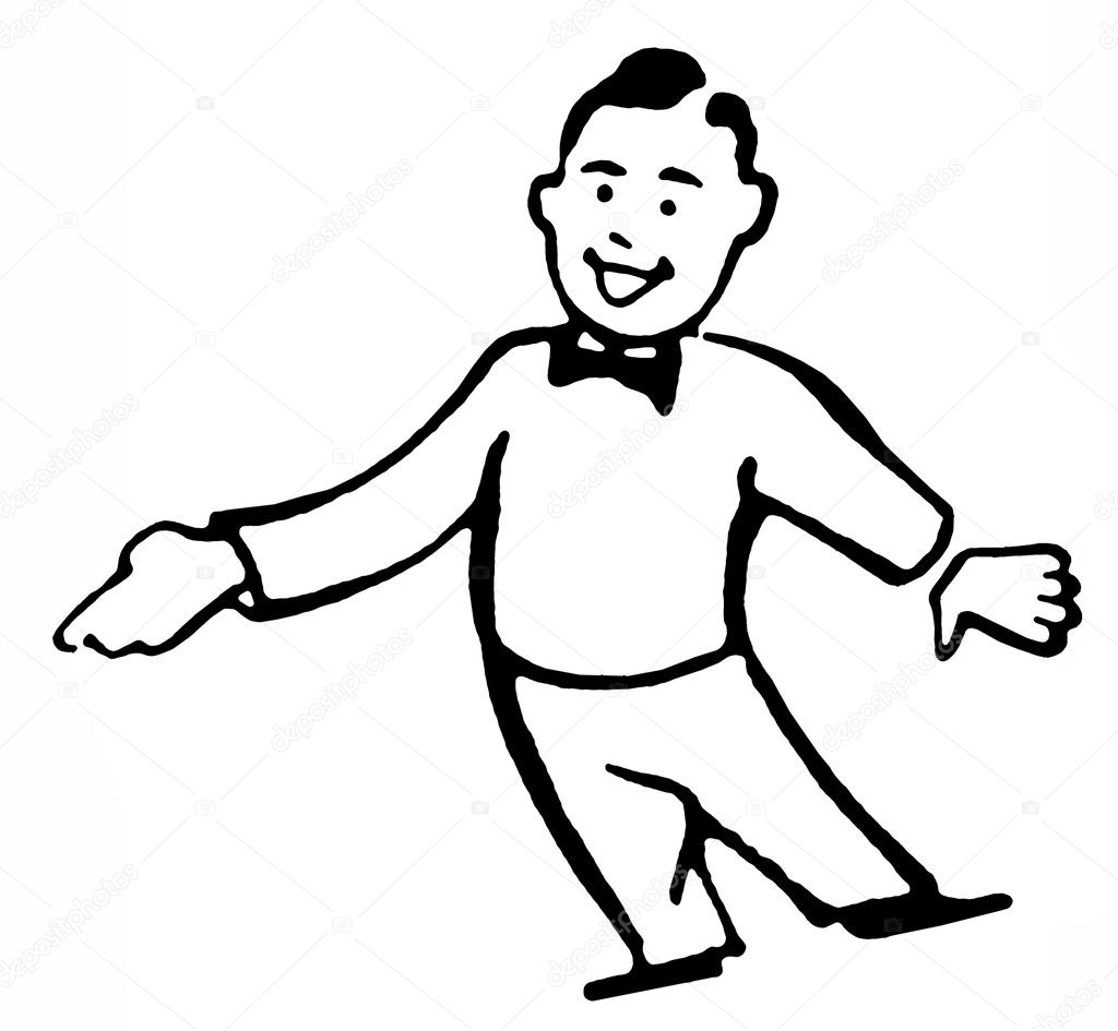 A black an white version of a cartoon style drawing of a man dressed in a lounge suit pointing his finger