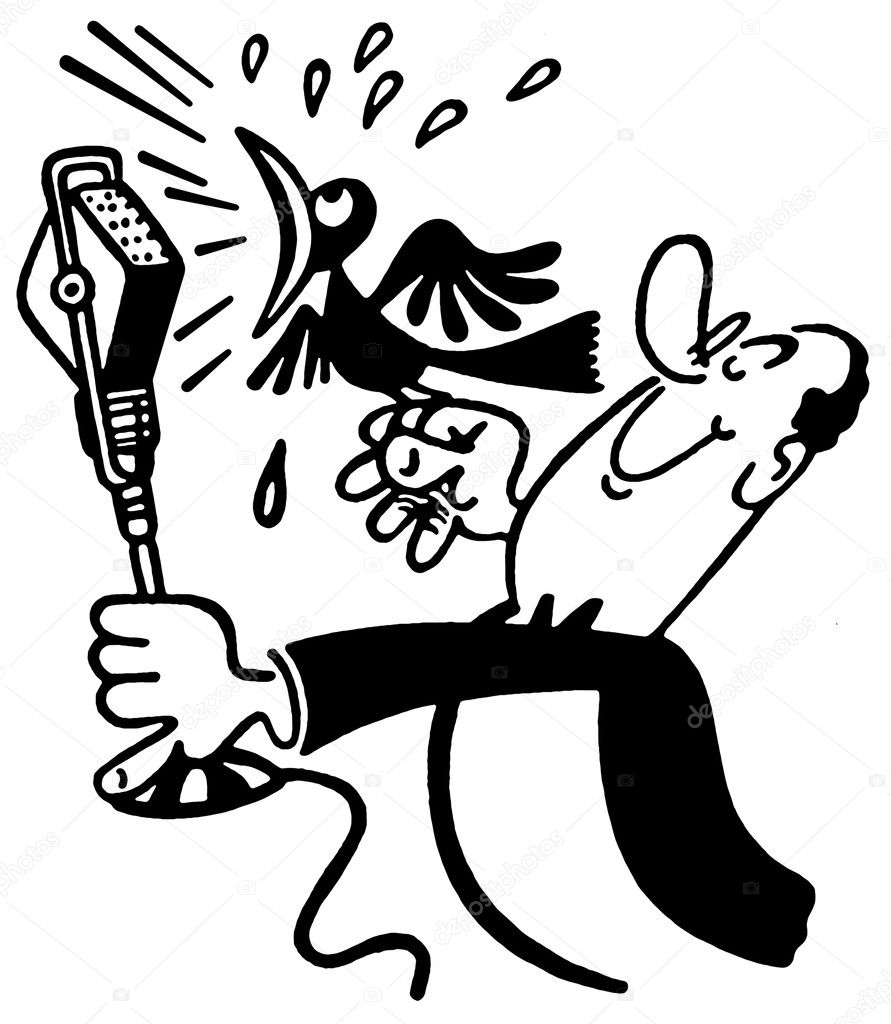 A black an white version of a cartoon style drawing of a man holding a screeching bird in front of a microphone