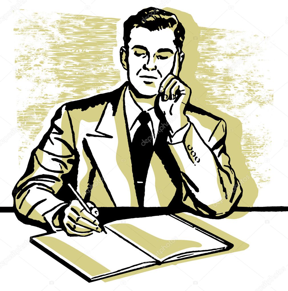 A graphic illustration of a business man working hard at his desk