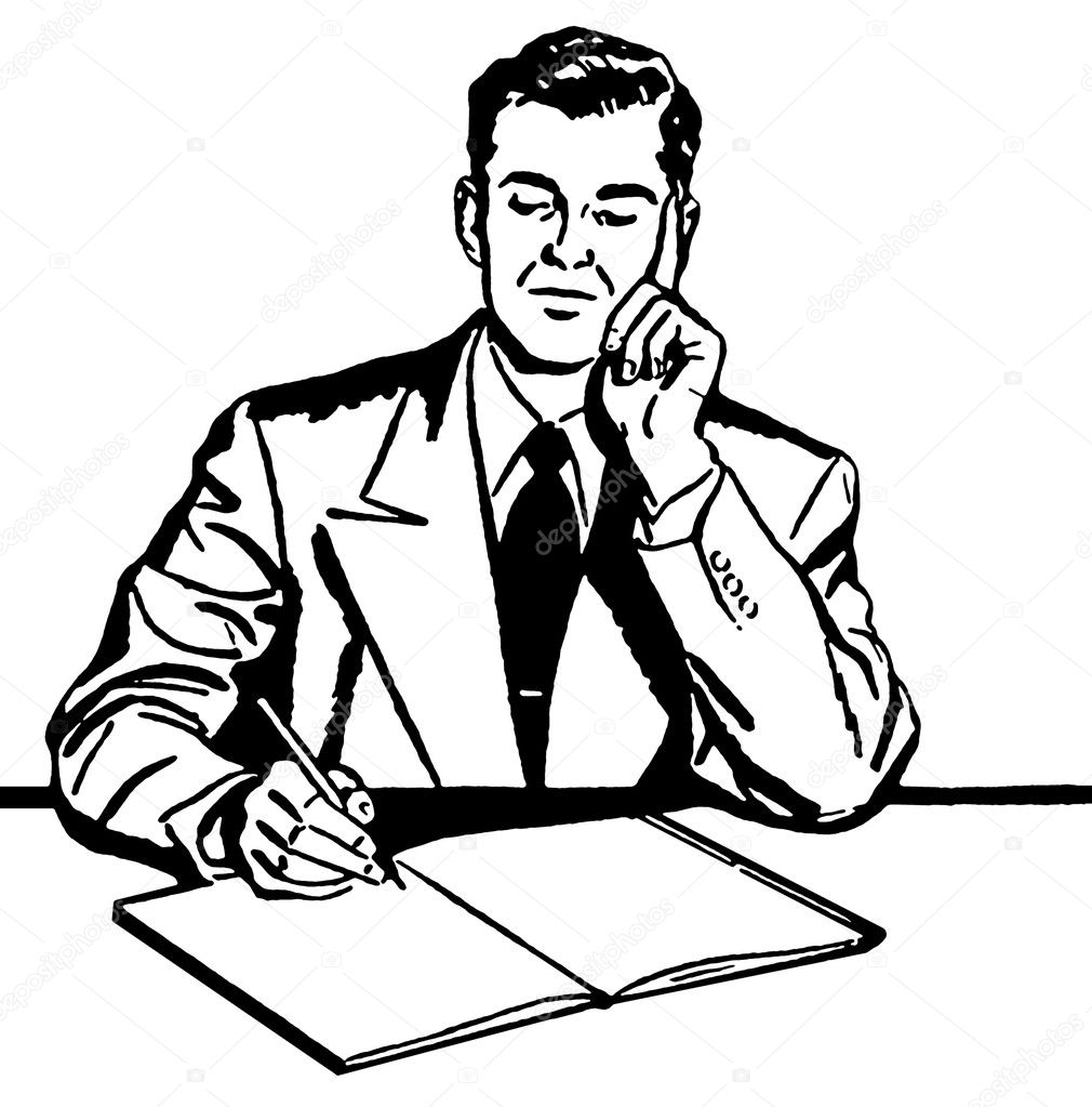 A black and white version of a graphic illustration of a business man working hard at his desk