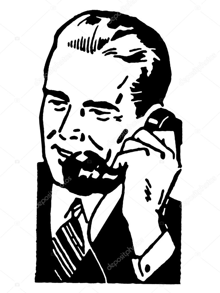 A black and white version of a graphic illustration of a businessman talking on the telephone