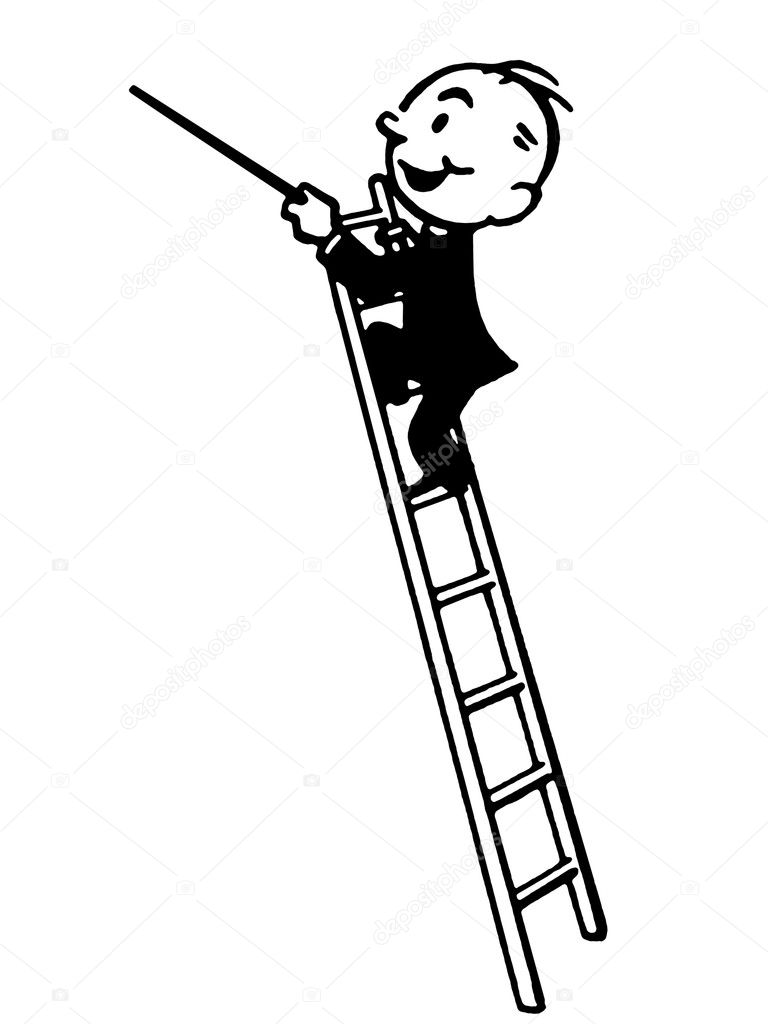 A black and white version of a cartoon style drawing of a conductor high up a ladder