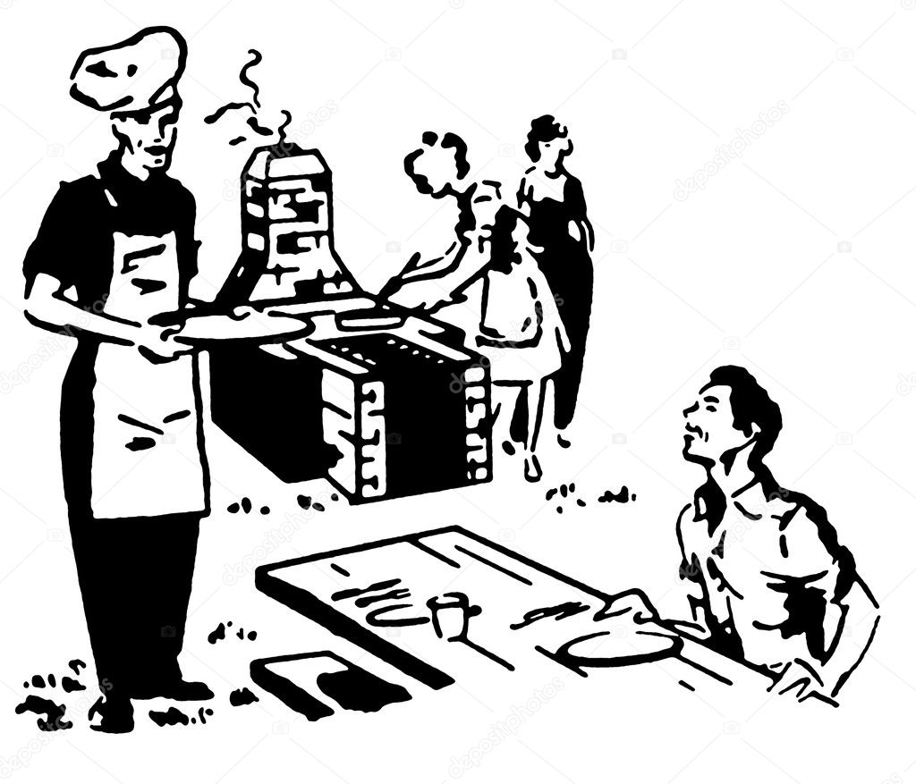 A black and white version of a family enjoying a picnic barbeque