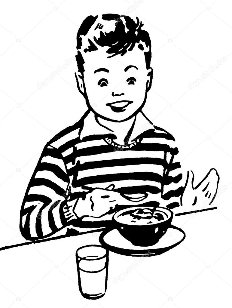 A black and white version of a young boy enjoying his dinner