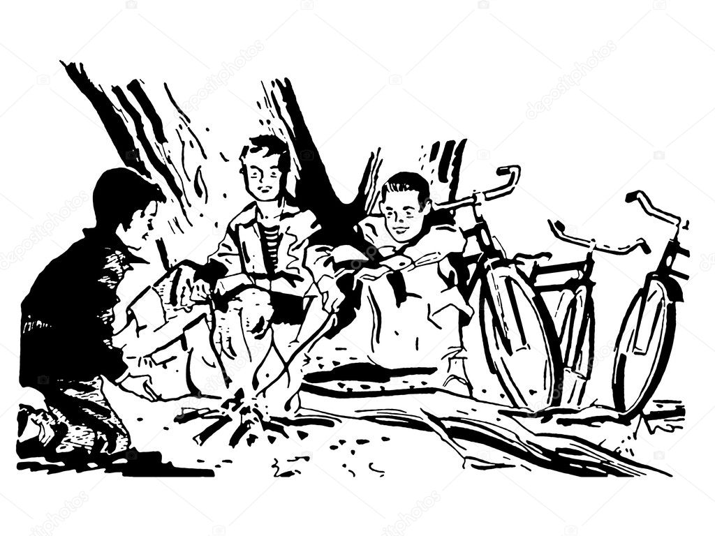 A black and white version of a group of boys around a camp fire
