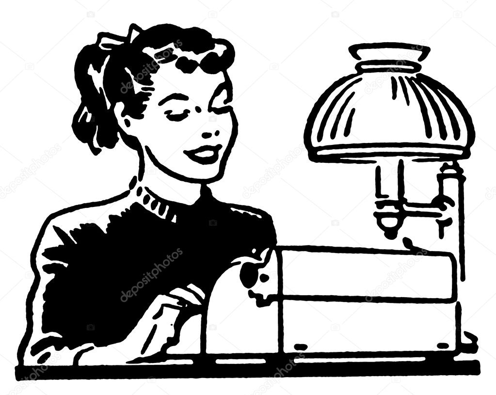 A black and white version of a young woman working on a typewriter