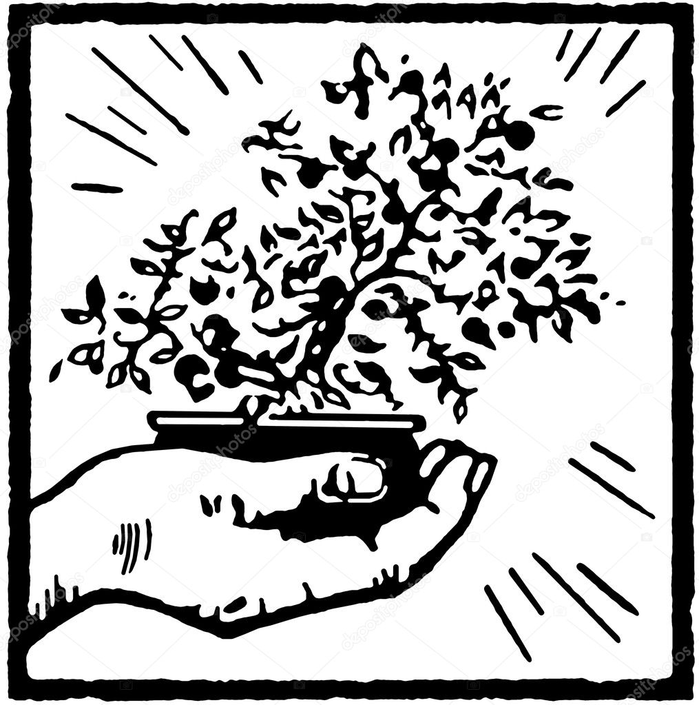 A black and white version of a print of a hand holding a Bonsai tree