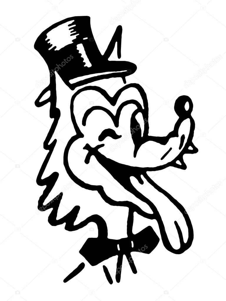 A black and white version of a winking wolf wearing a top hat