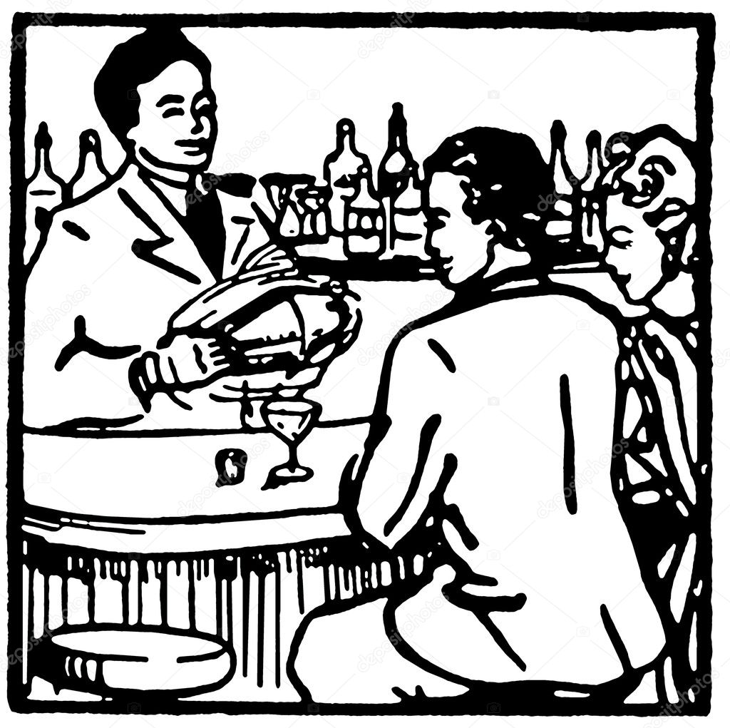 A black and white version of a graphic illustration of couple at a bar enjoying a drink