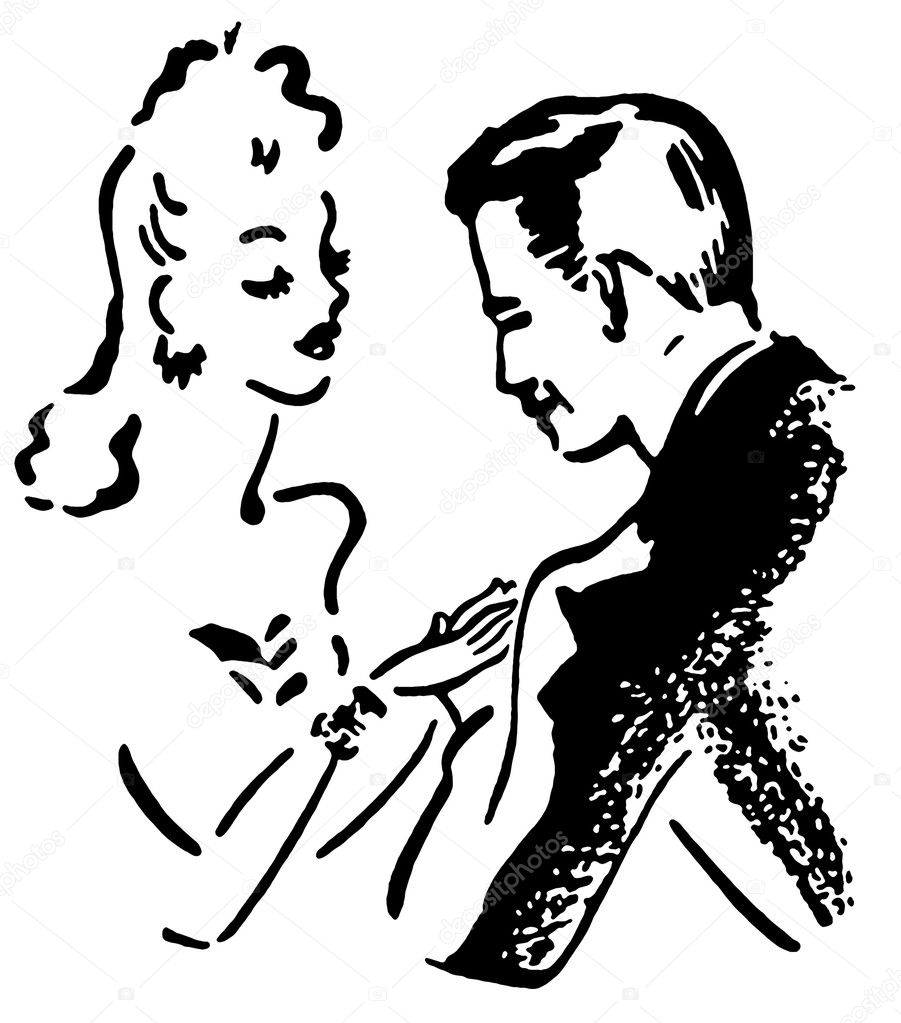 A black and white version of a vintage illustration of a man and woman flirting