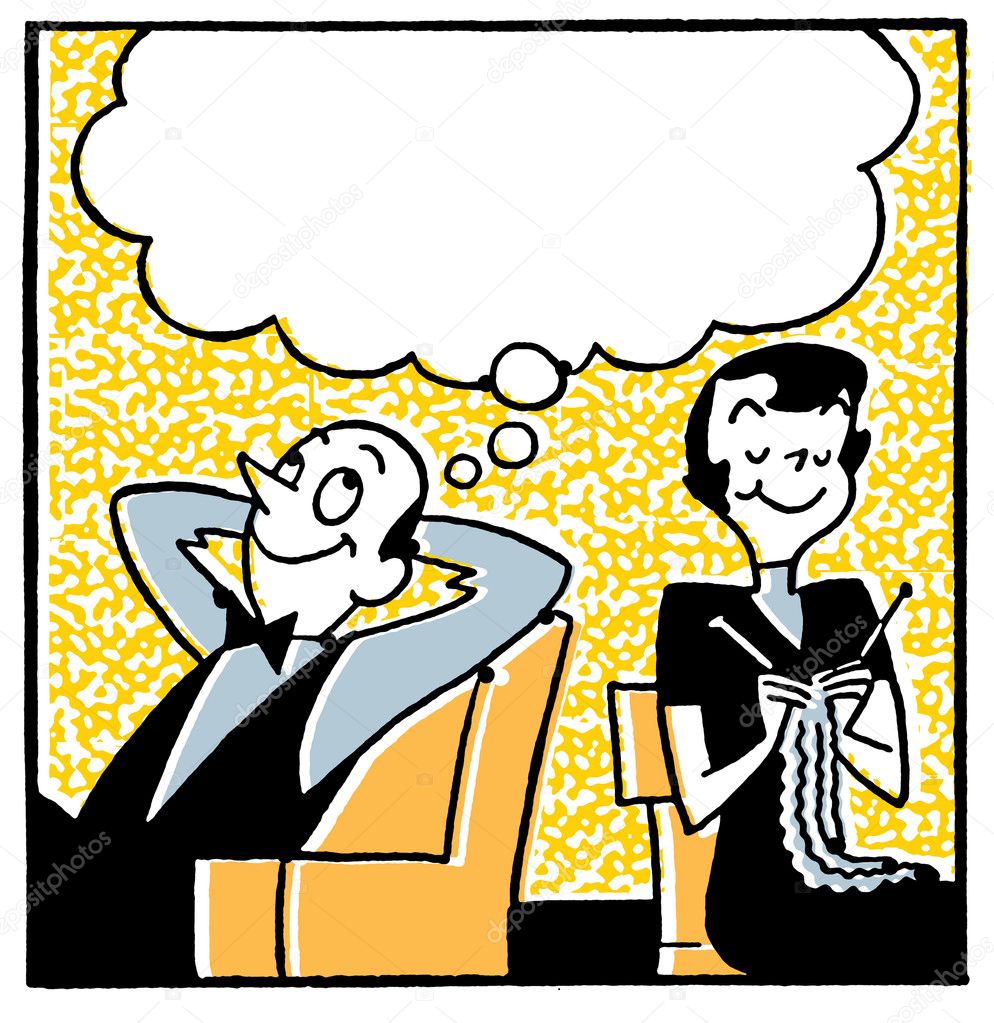 A cartoon style image of a couple with a large speech bubble above