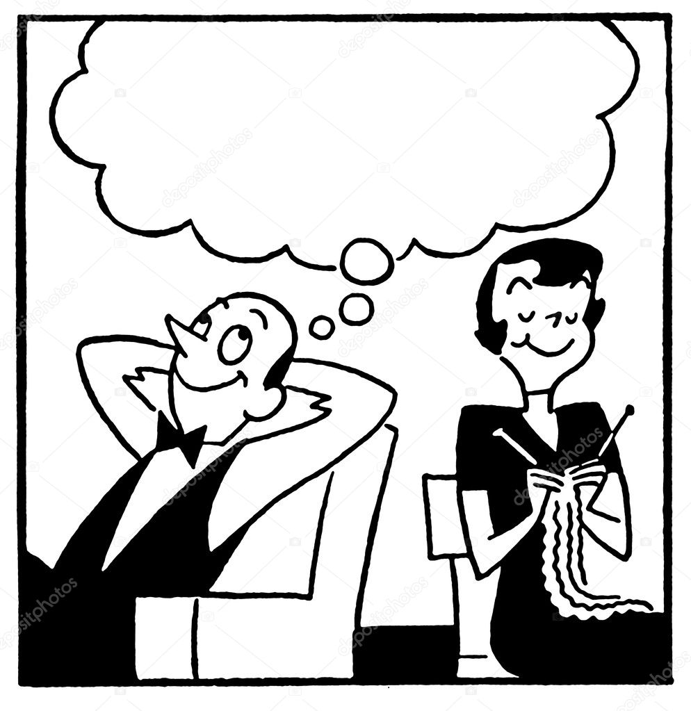 A black and white version of a cartoon style image of a couple with a large speech bubble above