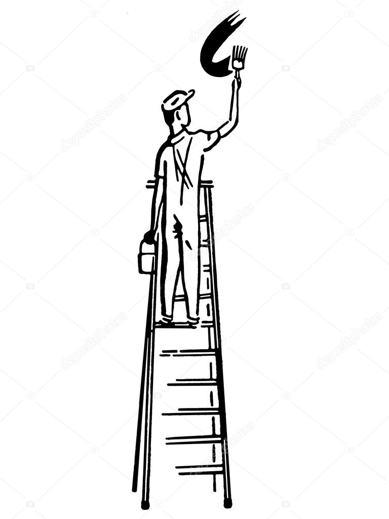 A black and white version of an illustration of a man climbing a ladder