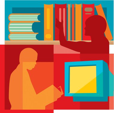 Students studying in the library, montage clipart