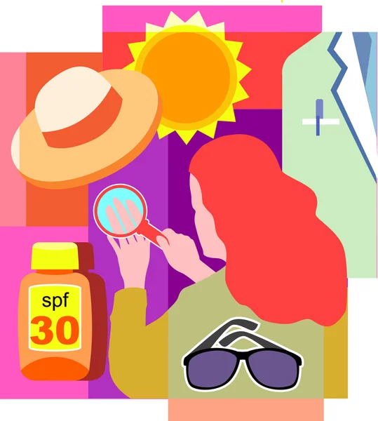 Collage of a sun, a hat, a doctor's white coat, sunglasses, suns — Stock Photo, Image