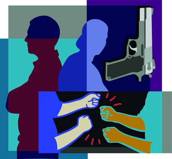 Collage of two men standing back to back, a gun, and two ' — Stockfoto