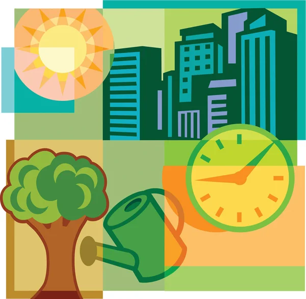 A montage of high-rise buildings, clock, tree, watering can and — Stock Photo, Image