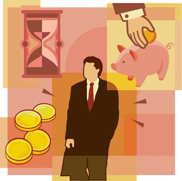 Ett montage av ett timglas, mannen, pengar och piggybank — Stockfoto