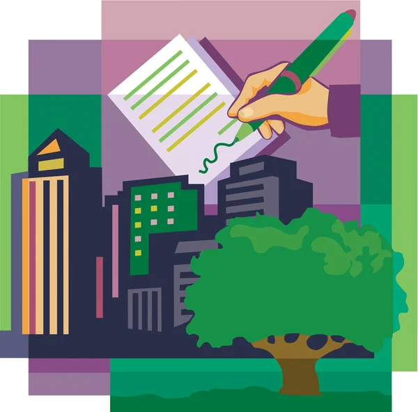 A montage of a tree, high-rise buildings, and a hand signing doc — Stock Photo, Image