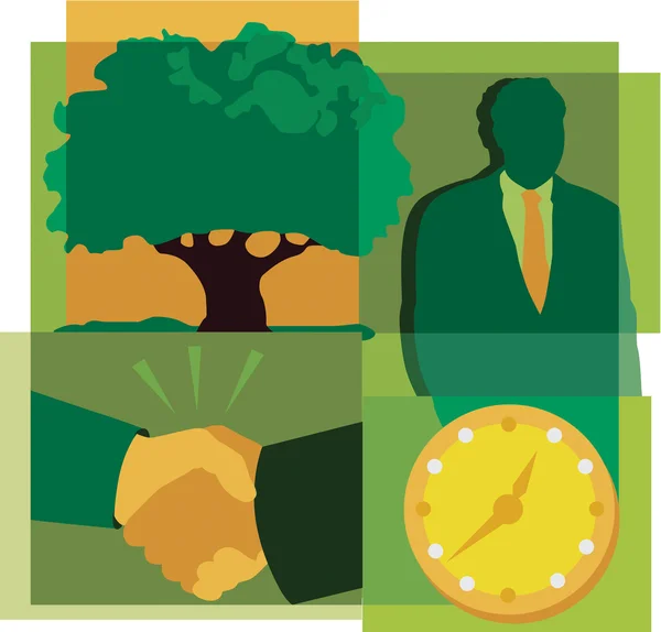 A montage of a man, a tree, a clock, and a handshake — Stock Photo, Image